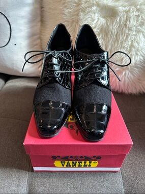 Vaneli Black Patent & Fabric Lace-Up Ankle Boots